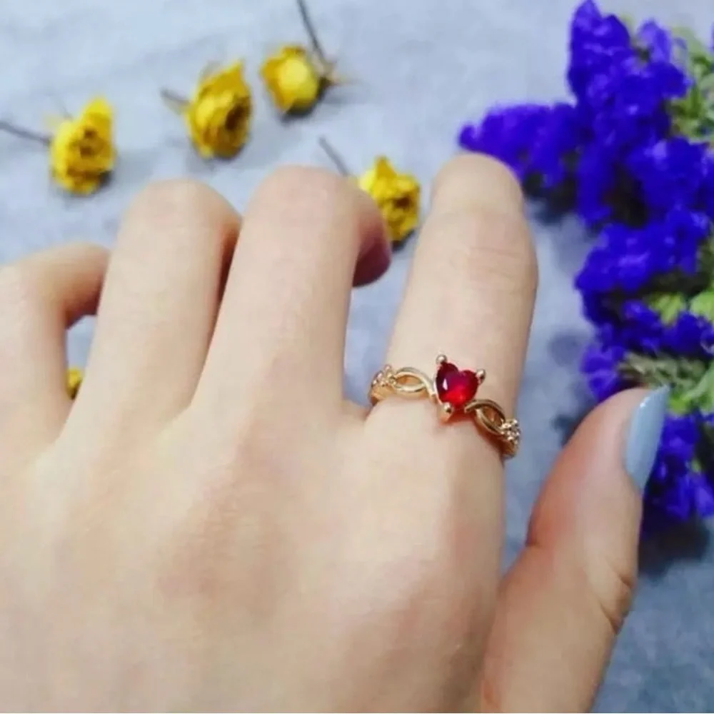 NEW Dainty Gold Heart Ring with Red Gemstone size 7